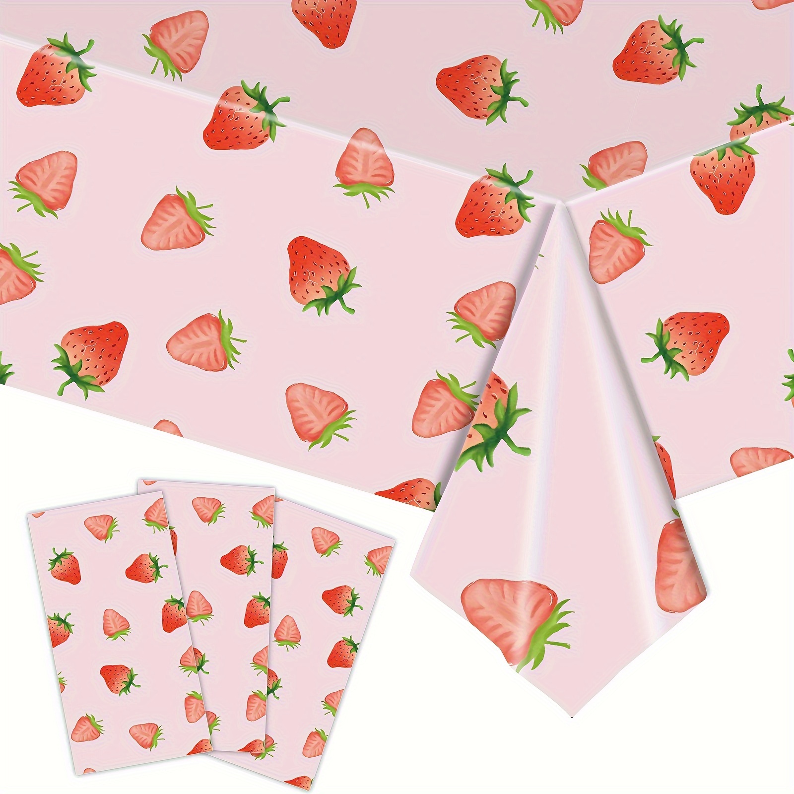 

Strawberry Themed Vinyl Tablecloth, Machine Made, Plastic Disposable Party Table Cover For Birthday Celebrations, 1 Piece - Pink Fruit Design