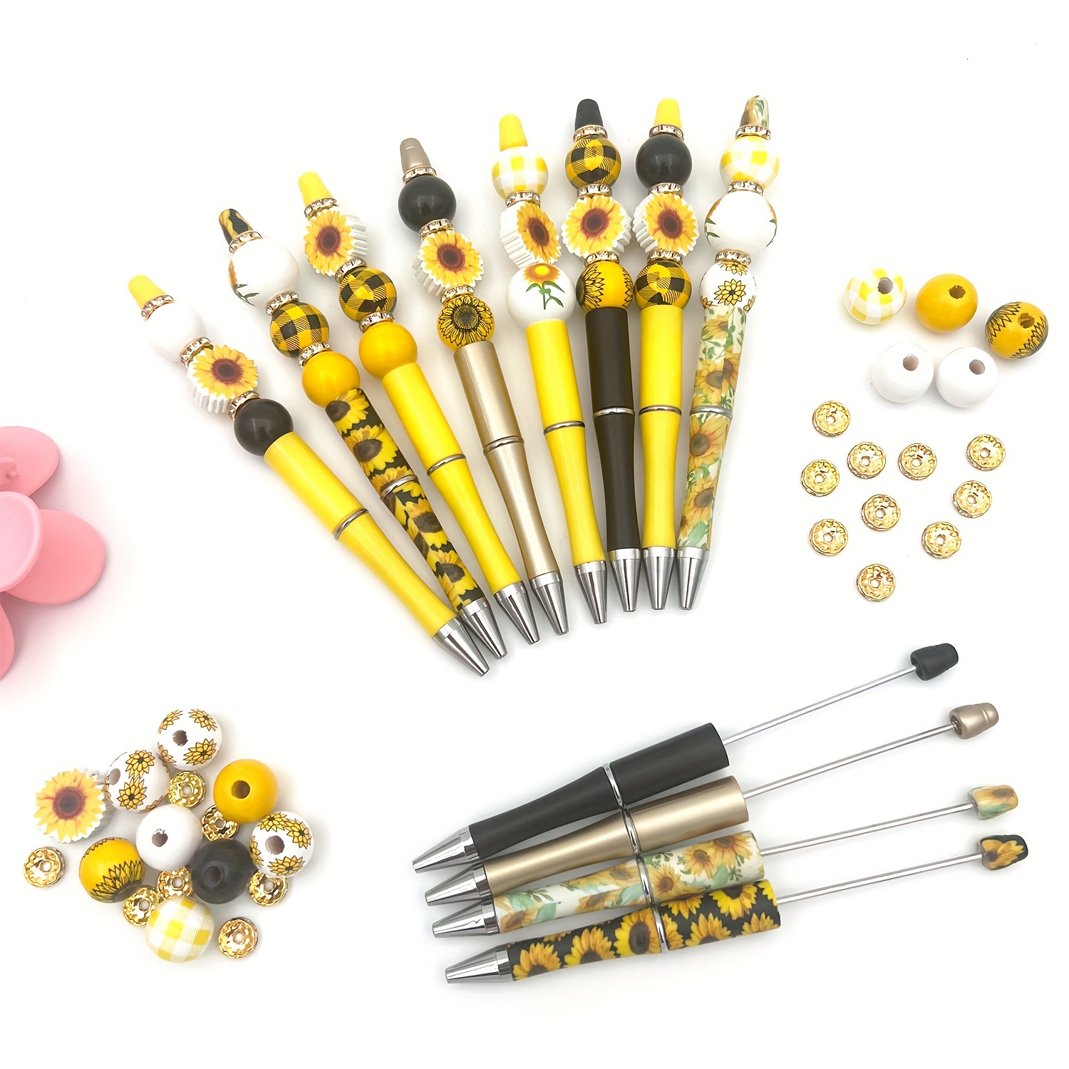

12pcs Plastic Beaded Pen Kit, Sunflower Shape And Round Beads, Golden Spacer Beads, Black Ink Ballpoint Pens, Diy Beading Craft Pens, Cute Gift Idea For Ladies, School & Office Supplies