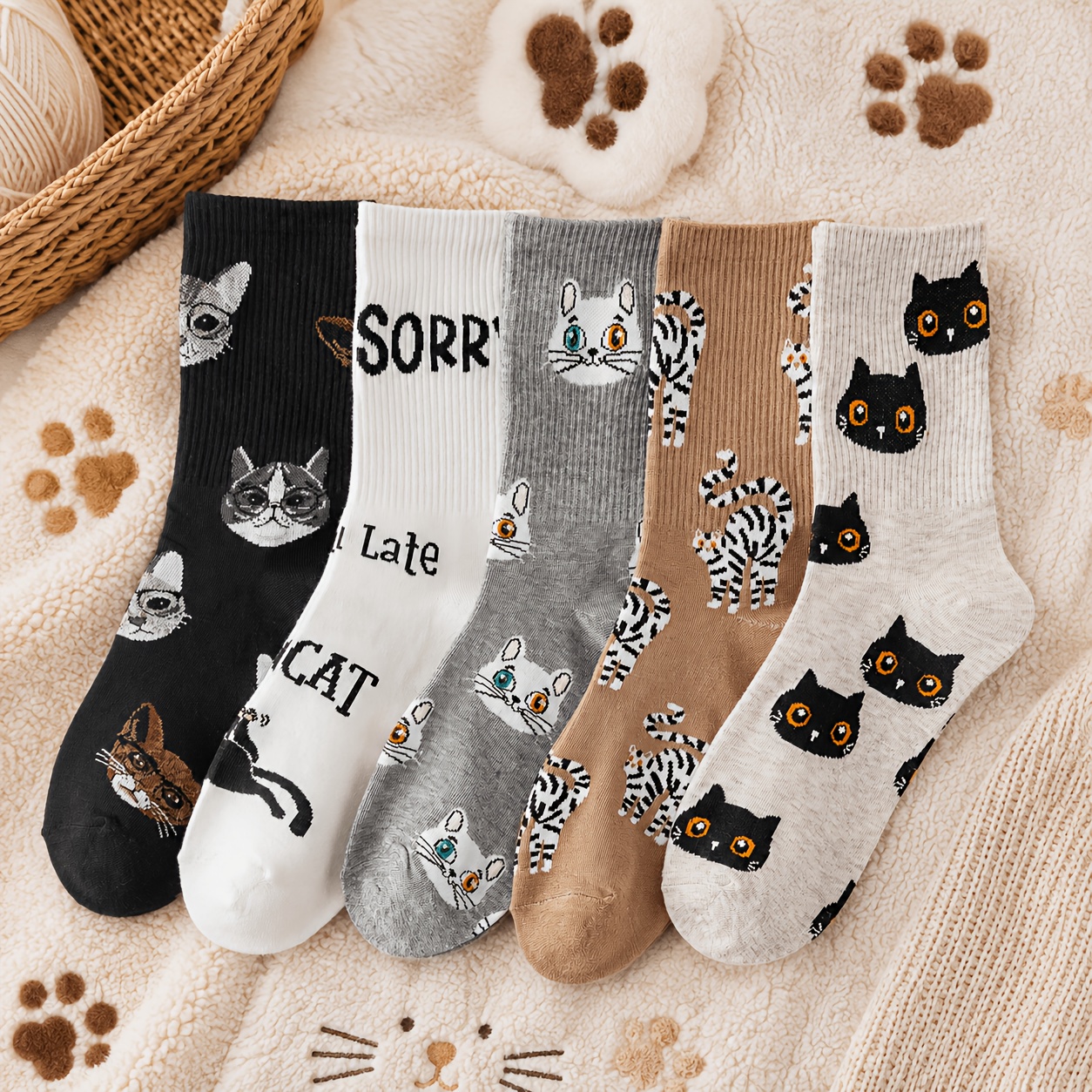 TEMU 5 Pairs Black White Gray Brown Light Ash Gray Cat Pattern Mid-calf Socks, Cartoon Different Cat Headprints Printed Individual Women's Casual