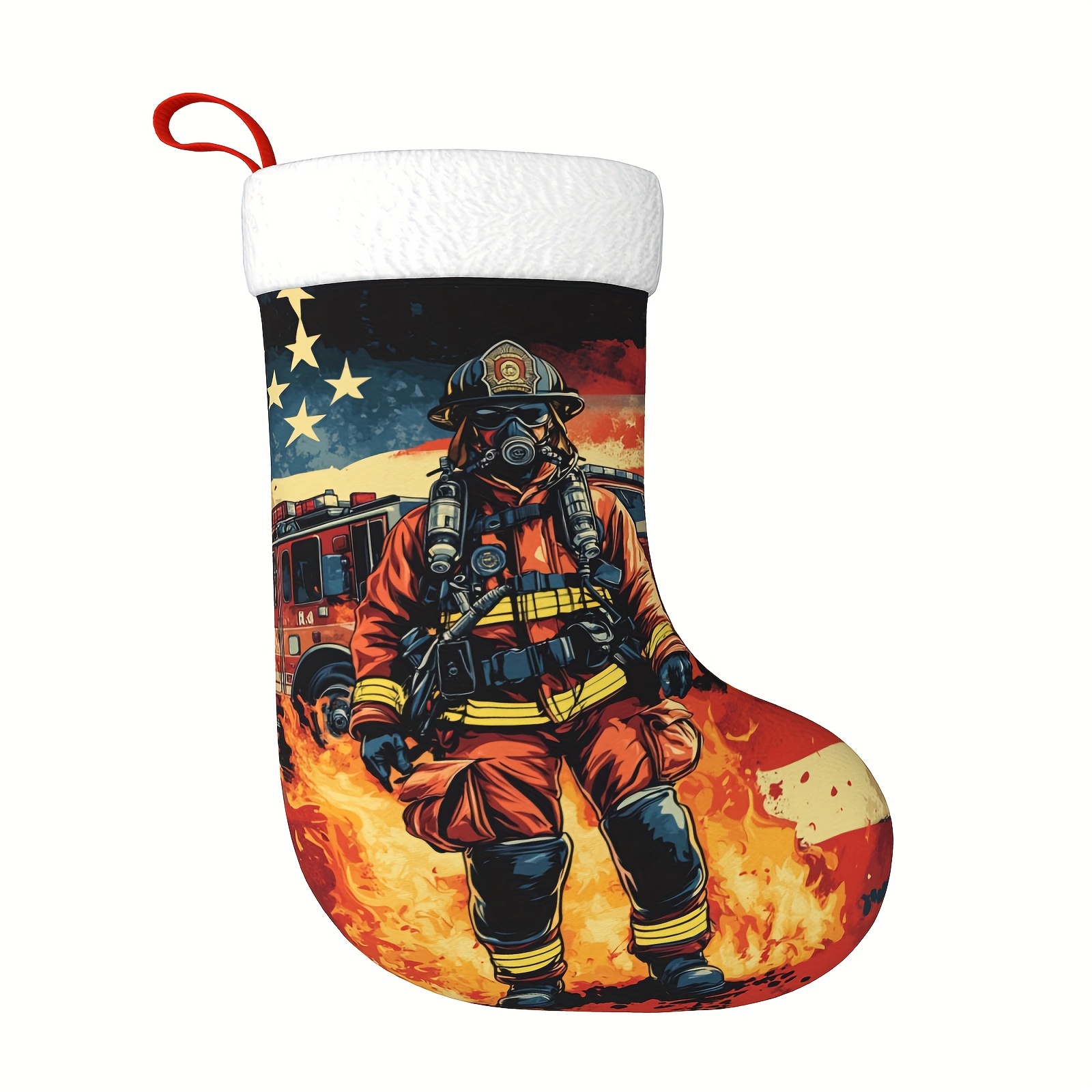 

Classic -inch Firefighter Theme Christmas Stocking, Large Holiday Decor Gift With Plush Cuff - Ideal For Fireplace & Tree Hanging, Home Decorations, Perfect Present For