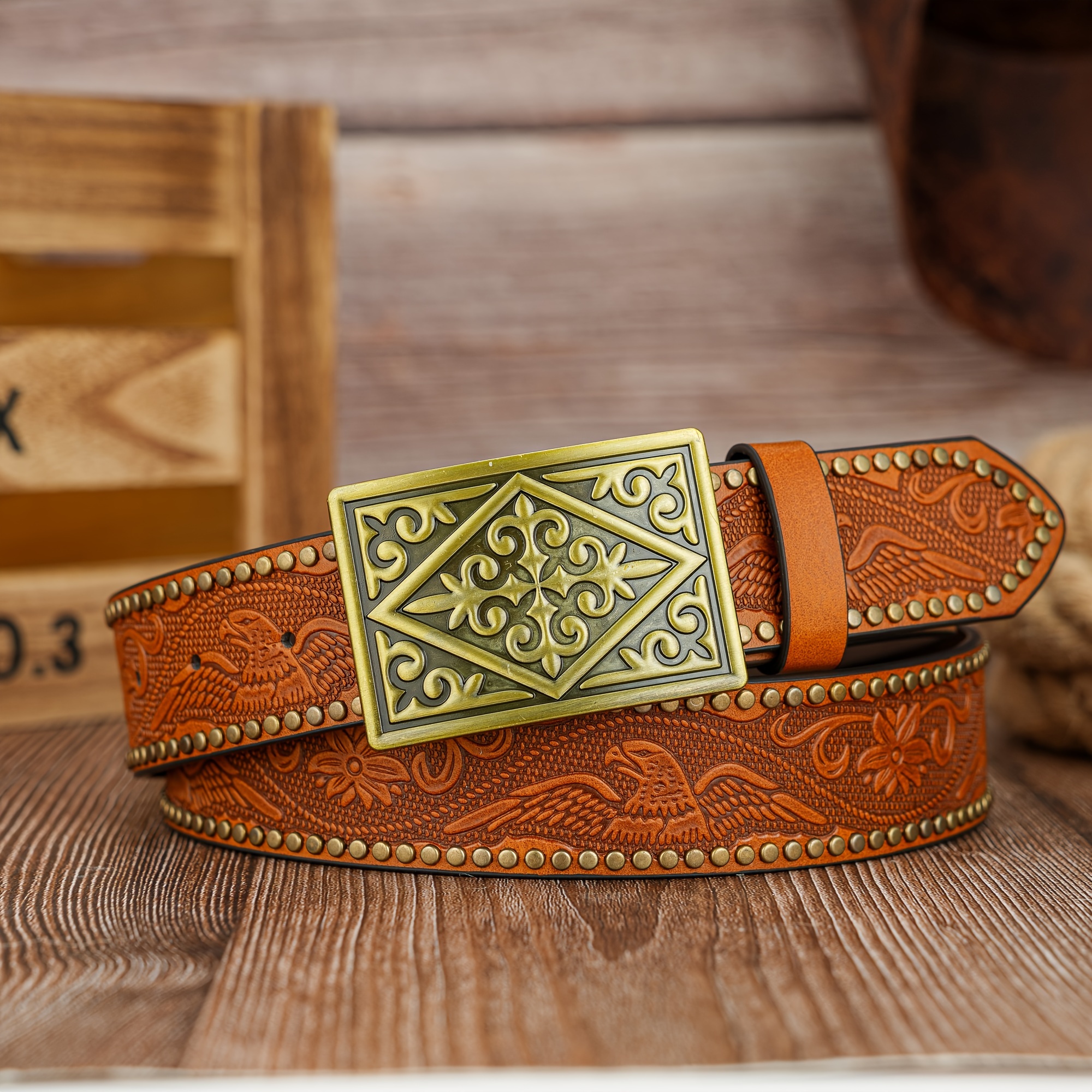 Men's Belt with Unique Square Cross & Eagle Feather Buckle