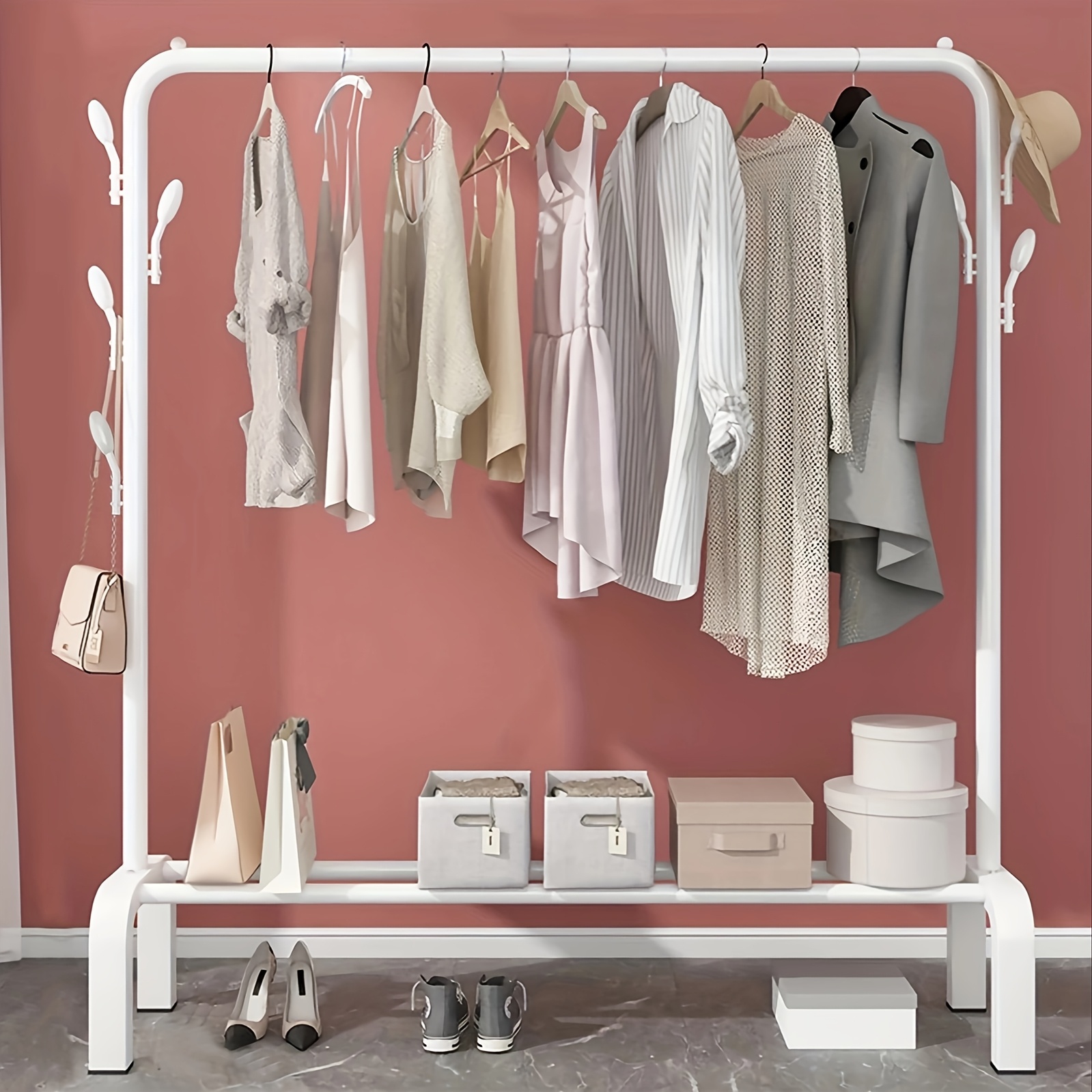 

Multifunctional Coat Rack Clothing Rack For Hanging Clothes, Floor Standing Clothes Hanger, Free Standing Garment Rack With Shelf, White