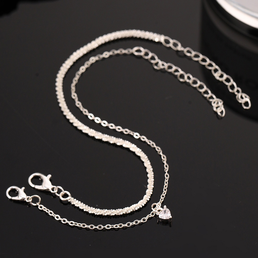 Image of 2pcs Exquisite Elegant Mini Heart-shaped Synthetic Zirconia Pendant Double Layer Bling Bling Chain Bracelet Set Women Valentine's Day Gift