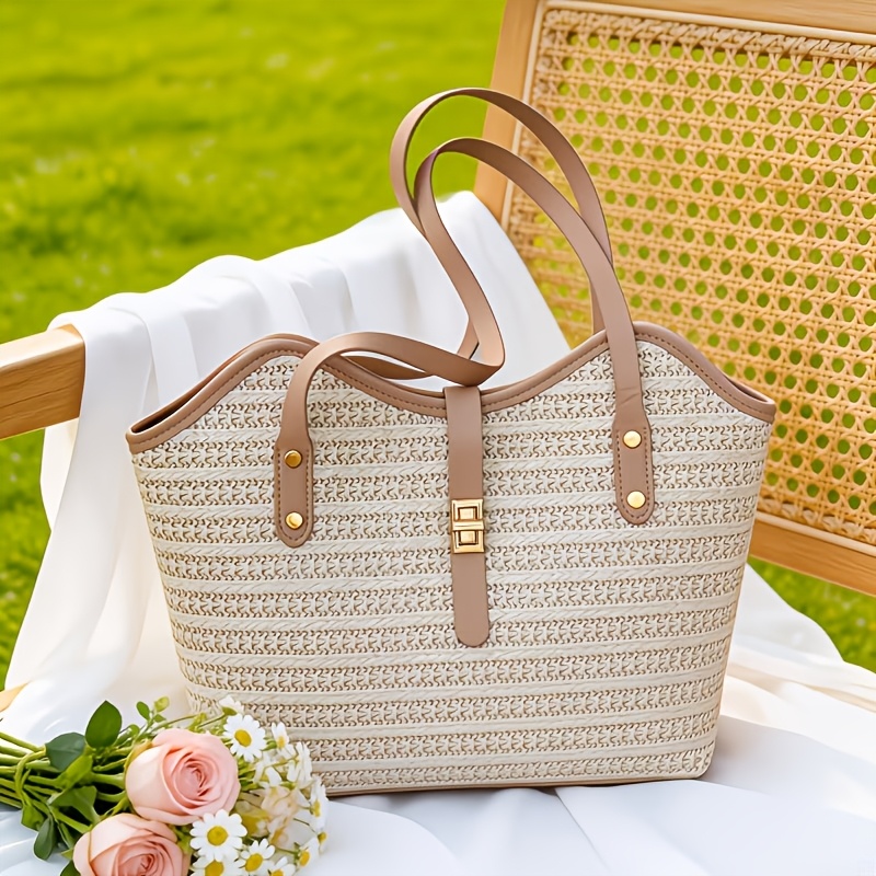 TEMU ] New Solid Color Fashionable Straw Contrasting Color Weaving Splicing Design Women's Shoulder Bag, Versatile Large-capacity Simple Casual