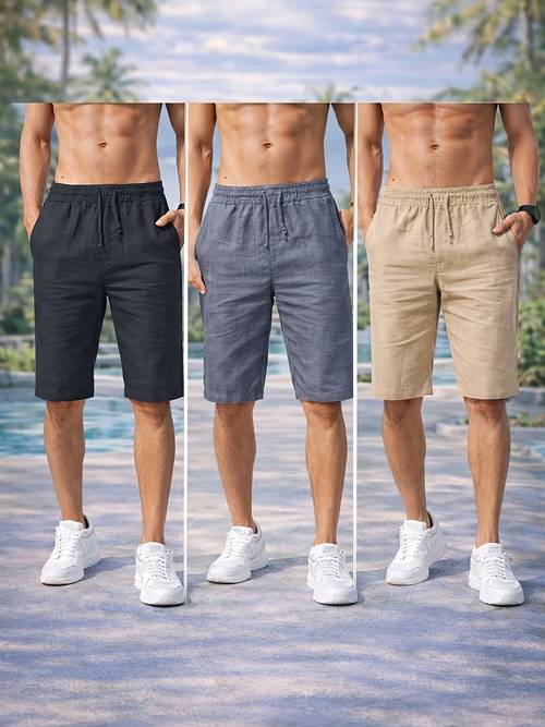 3pcs set mens cotton shorts summer casual beach shorts lightweight breathable drawstring elastic waist