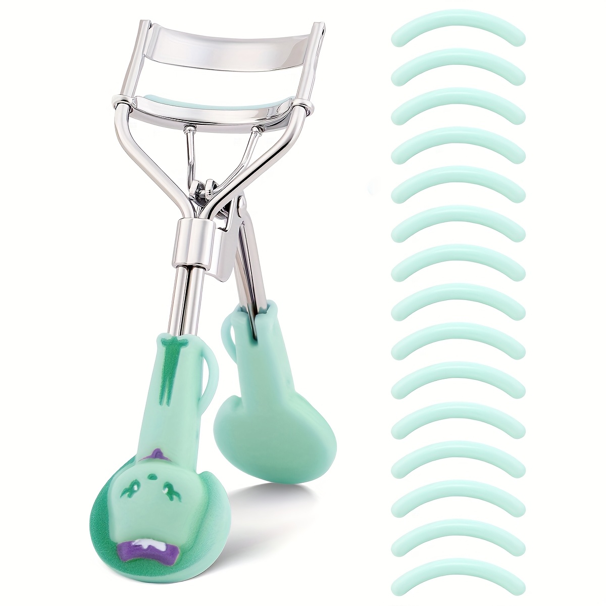 1 Portable Eyelash Curler with 15 Silicone Pads, Stainless Steel Curved Handle Eyelash Curler, Curl and Shape, No Damage to Eyelashes, Eyelash Lifting, Big Eyes, Suitable for Women's Eyelashes