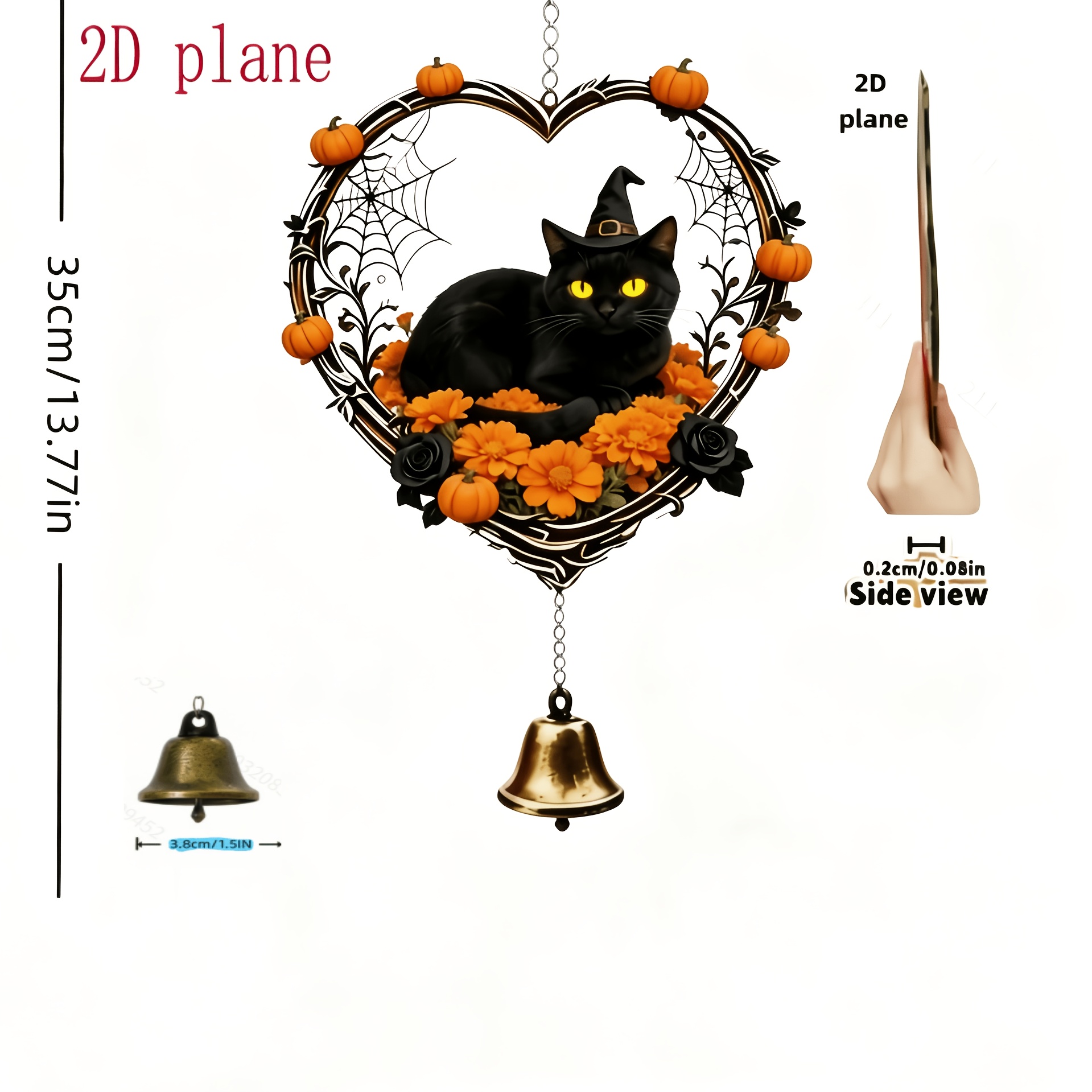 TEMU 2d Flat Heart-shaped Web Pumpkin Floral Witch Black Cat Acrylic Wind Chime With Metal , Vintage Rustic Halloween Hanging Ornament, Outdoor Porch