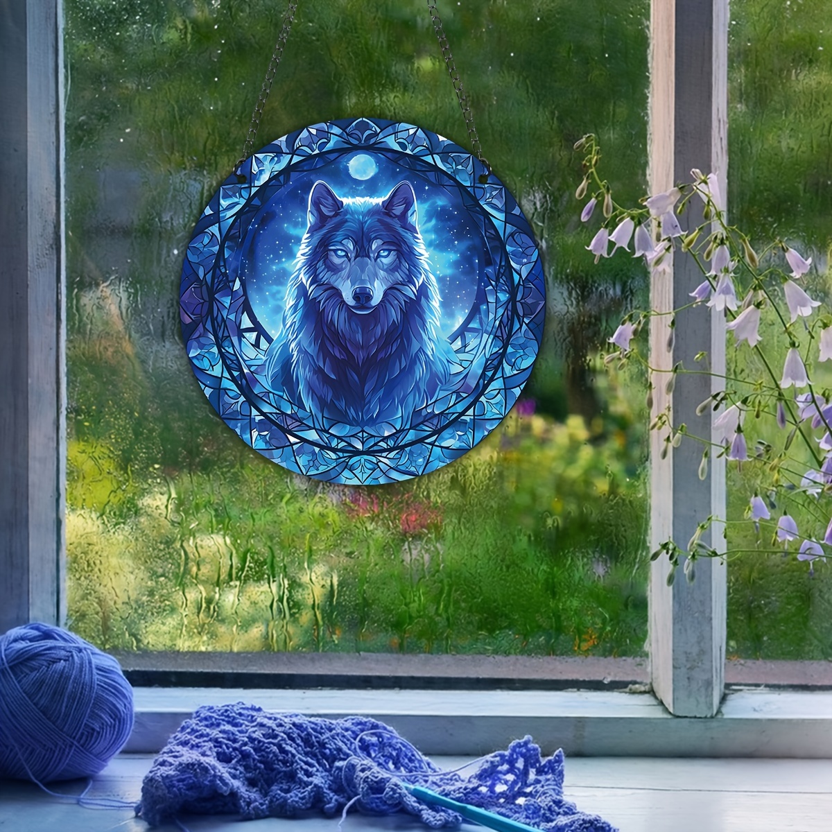 

1pc, Head Wolf Acrylic Hanging Sign, Suncatcher, Stained Window Hanging, Acrylic Holiday Decor, Round Sign, Wreath Sign, Hanging Decor, Window Decor Porch Decor Wall Decor, 5.9in/15cm