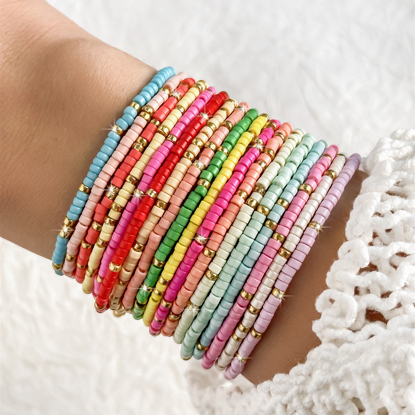 Image of 18pcs Glass Bead Handmade Stackable Bracelet Set, Bohemian Style Vacation Beach Party Colorful Sparkling Stretch Bracelets For Summer