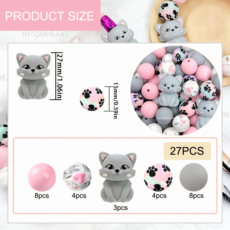 TEMU 27pcs 3d Gray Cat Shaped Silicone Bead Set, Animal Element Handmade Craft Beads, For Bead Pens, Bracelets, Necklaces, Bag Embellishments And