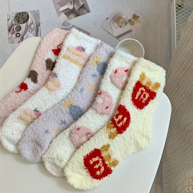 TEMU 5-pair Women's Cute Cartoon Plush Mid-calf Socks, Autumn/ Fashion Socks, Cartoon , Hamburger, Donut Warm Floor Socks, Sleep And Postpartum Socks