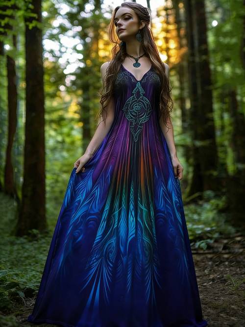 Artikelbild retro keltischer knoten farbverlauf kunst spaghetti träger kleid | elegantes, figurbetontes design, ohne kragen, für erwachsene, ideal für frühling/sommer