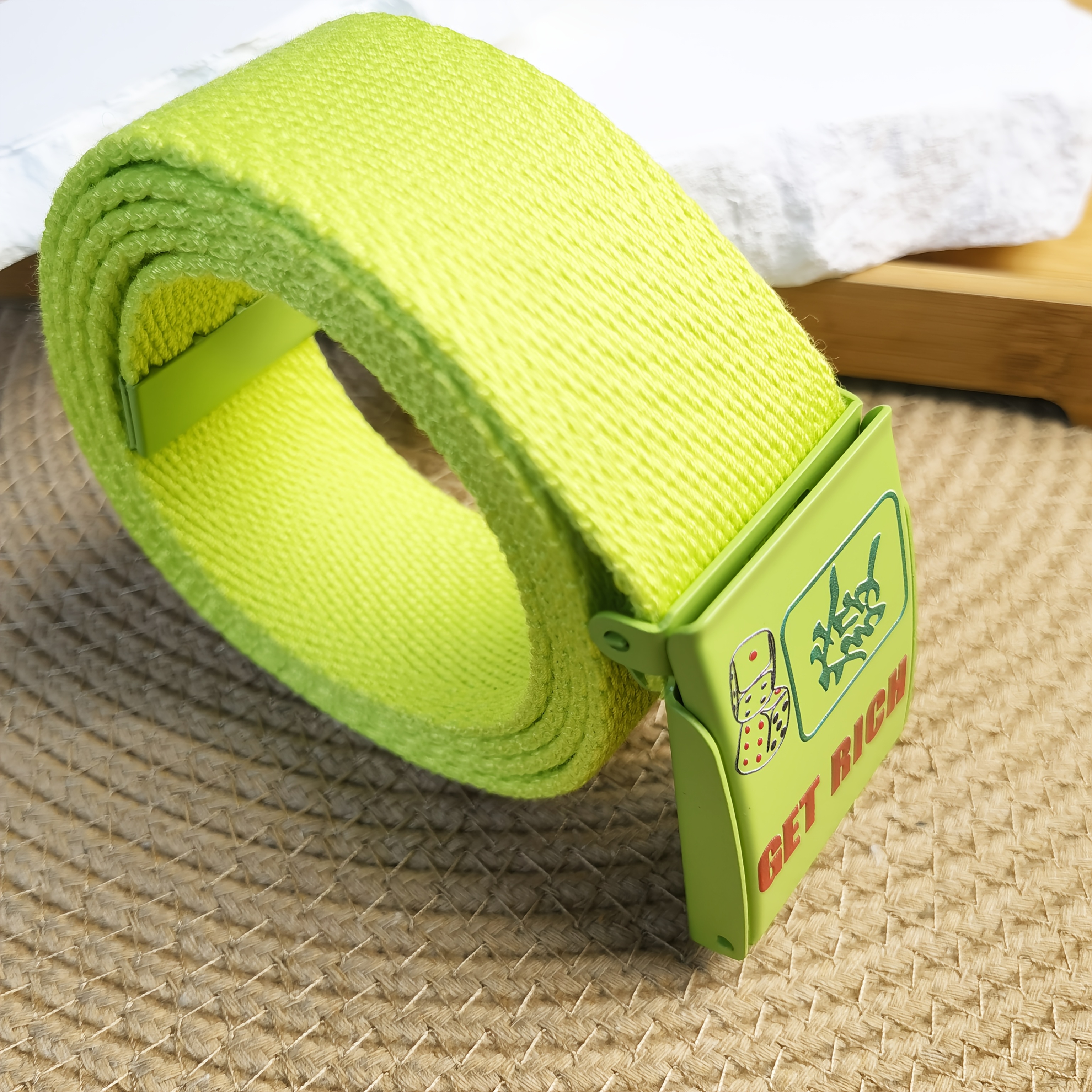 Men'S Green Canvas Belt with GET RICH Motif