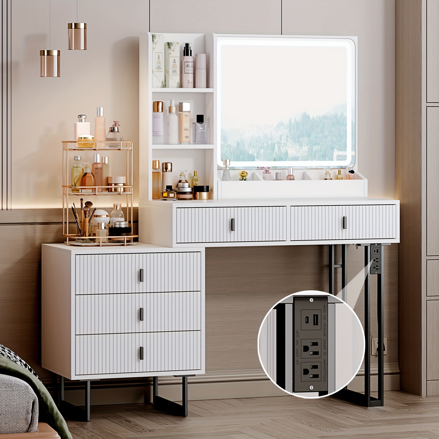 

Vanity Desk With Led Lighted Mirror & Power Outlet, Makeup Table With Drawers & Cabinet, Storage Stool, For Bedroom, White