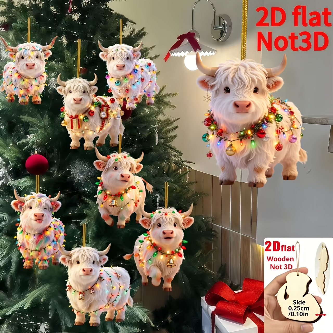TEMU 2d Flat, 8pcs Set, 2d Embossed Wooden Material Home Pendant, Christmas, Mother's Day, Father's Day, Highland Cow Pattern Surrounded By Christmas