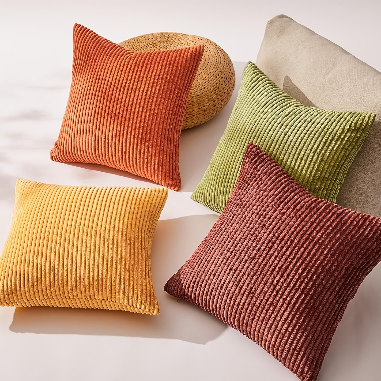 Image of 4pcs Farmhouse Decoration Corduroy Striped Gradient Series Square Pillowcase, Bohemian Western Modern Pillowcase For Bedroom Sofa Living Room Home Decor