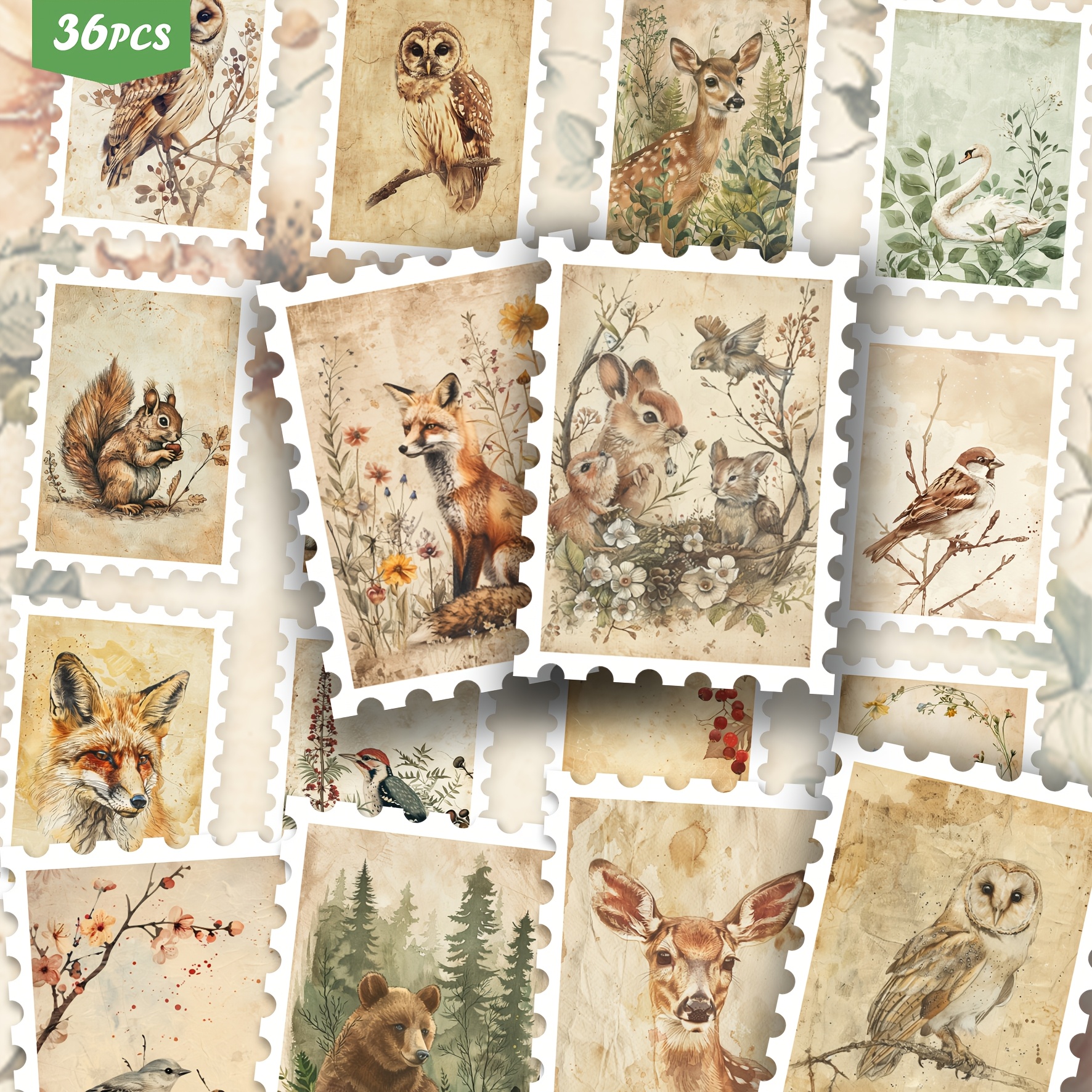 Image of 36pcs Cottagecore Nature Art Stickers, Vintage Aged Paper Woodland Animal Watercolor Aesthetic Cutout Sticker Set For Journals, Planners & Decor