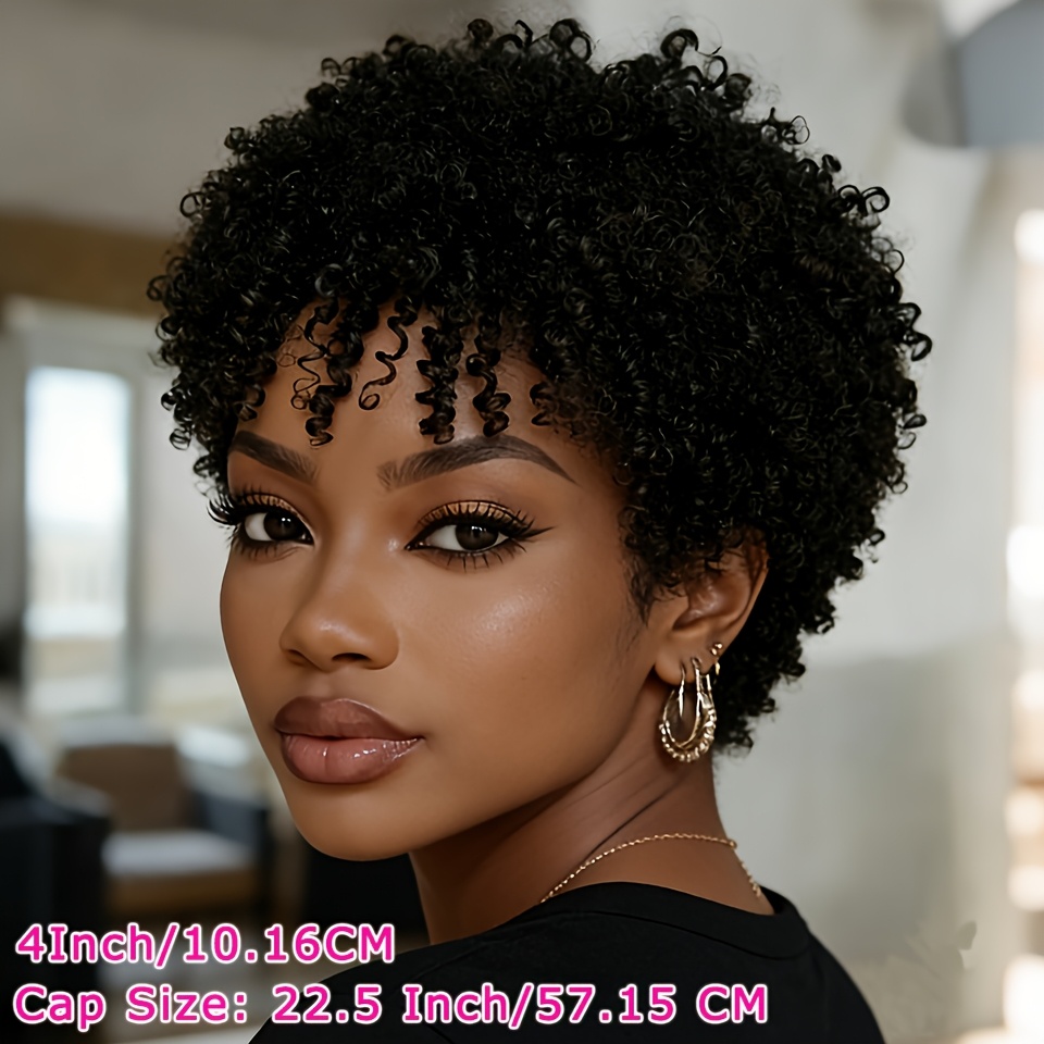 TEMU Perruque en Cheveux Humains Brésiliens Remy pour Femme avec Frange - Perruque Coupe Légère Afro Bouclé, Cheveux Courts Bouclés d'Eau, Bonnet à
