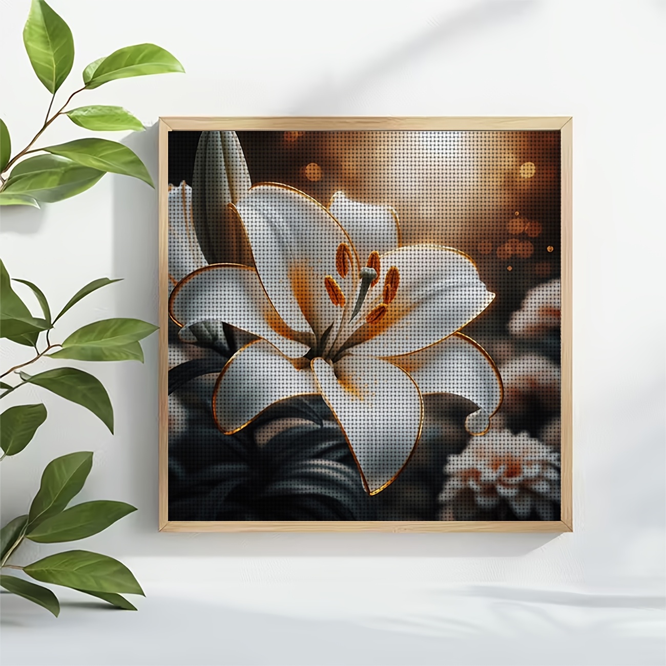 Cross Stitch Printed Kit, Frameless, White Lily Flower with Golden Stamen Design