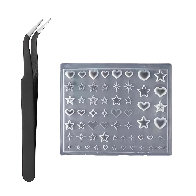 TEMU 2pcs Set Heart & Star Nail Art Molds With Tweezers Suitable For Y2k 3 Carving, Silicone Nail Decoration For Diy Manicure/pedicure, Heart & Star