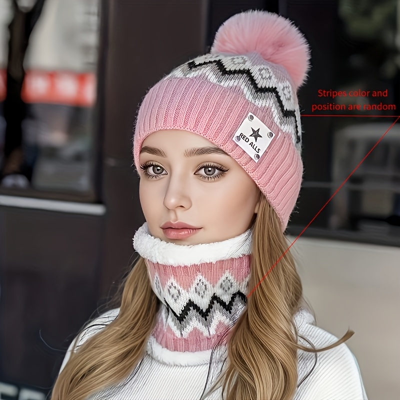 TEMU Men's And Women's Winter Warm Cycling Hat, 2pcs Hat And Scarf Set, Stylish And Practical, A For Winter Outfits, Stripe Color And Position Are