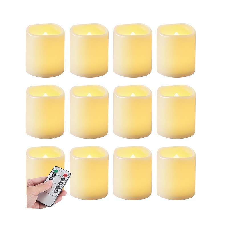 Image of Flickering Flameless Electronic Candles With Remote Control In 12-pack Or 24-pack, Featuring A Timer For 2h, 4h, 6h, And 8h. Large Capacity Cr2032 Batteries