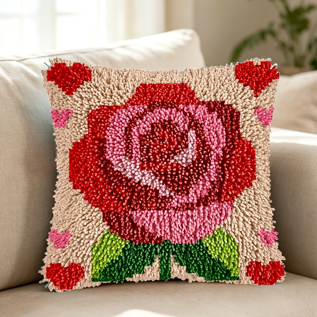 Latch Hook Kit Pillow Plant with Beautiful Roses Printed Pattern