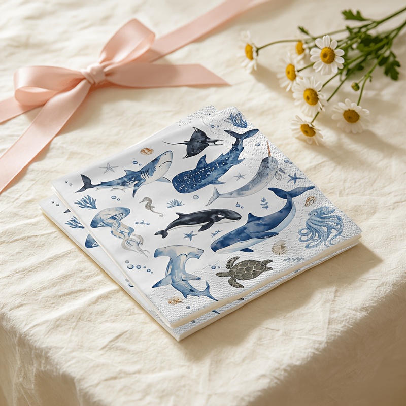 TEMU Lot de 20 serviettes aquarelle sur le thème de l'océan, adaptées aux , fêtes, - - Tortue de mer, requin, , et de mer avec assiettes en papier à