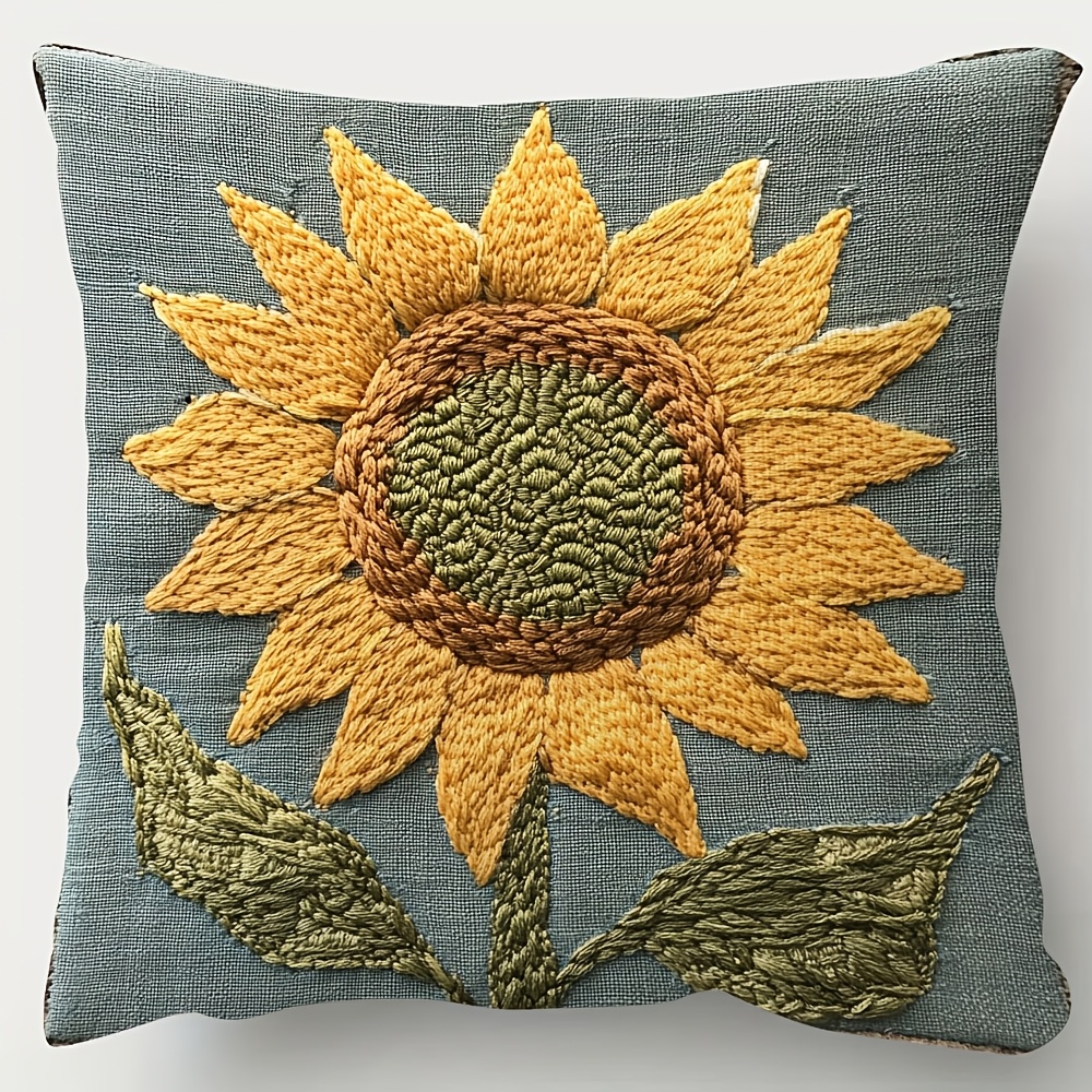 

1pc Vintage Sunflower Embroidered Pillow Cover, 18x18 Inch, Double-sided, Short Plush, Hand Wash Only, Polyester Decorative For Bedroom, Sofa, Living Room - Woven, Dcbj1221