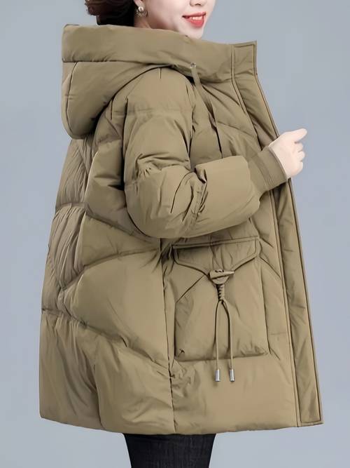 womens elegant horn button hooded coat autumn winter length thick warm large pocket thick outerwear