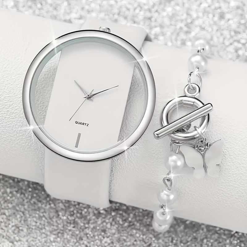 2pcs/Set Women'S Fashion, Minimalist, Skeleton Dial, Quartz Watch+Bracelet Watch Case Not Included