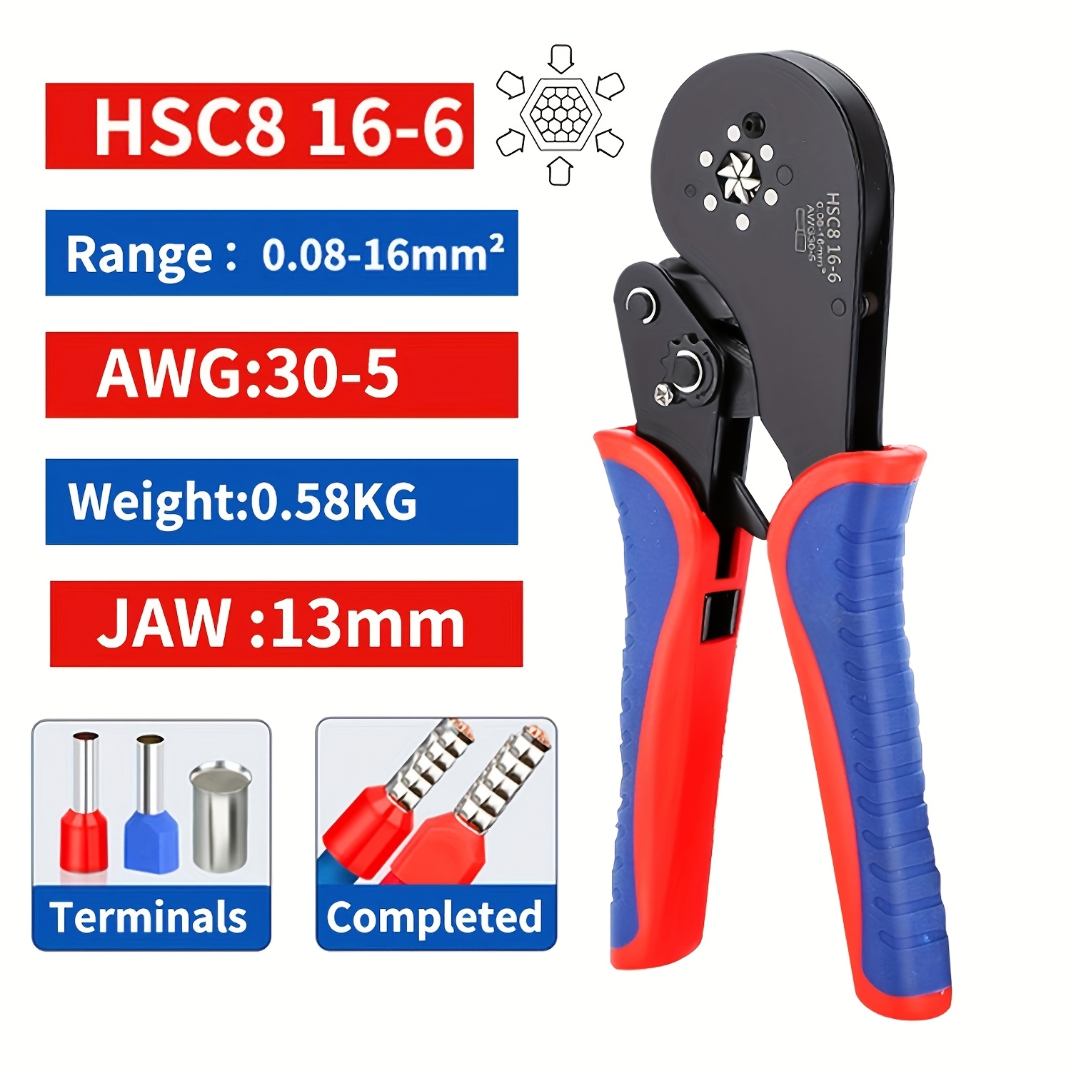 Image of Hsc8 16-6 Terminal Crimping Tool, Hexagon Ratchet Clamp Pliers, 0.08-16mm² / 30-5awg, High Carbon Steel, Non-slip Handle, For Electrical Wiring Installation
