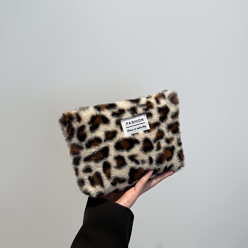 Image of Furry Fashion Cosmetic Bag For Women Retro Classic Leopard Print Style Makeup Bag Large Capacity Travel Cluthes