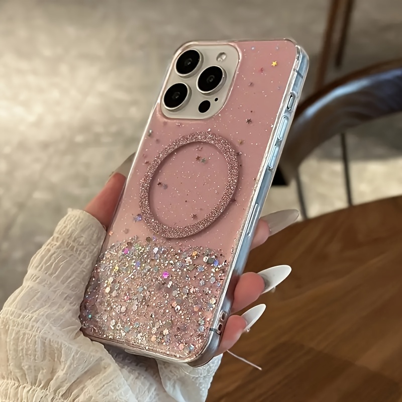 Fashionable Glittering Sequined Magnetic Epoxy Transparent Phone Case Compatible with iPhone 16 15 14 Plus 13 12 11 Pro Max XM XR XS X Blingbling Transparent Shockproof Back Cover.