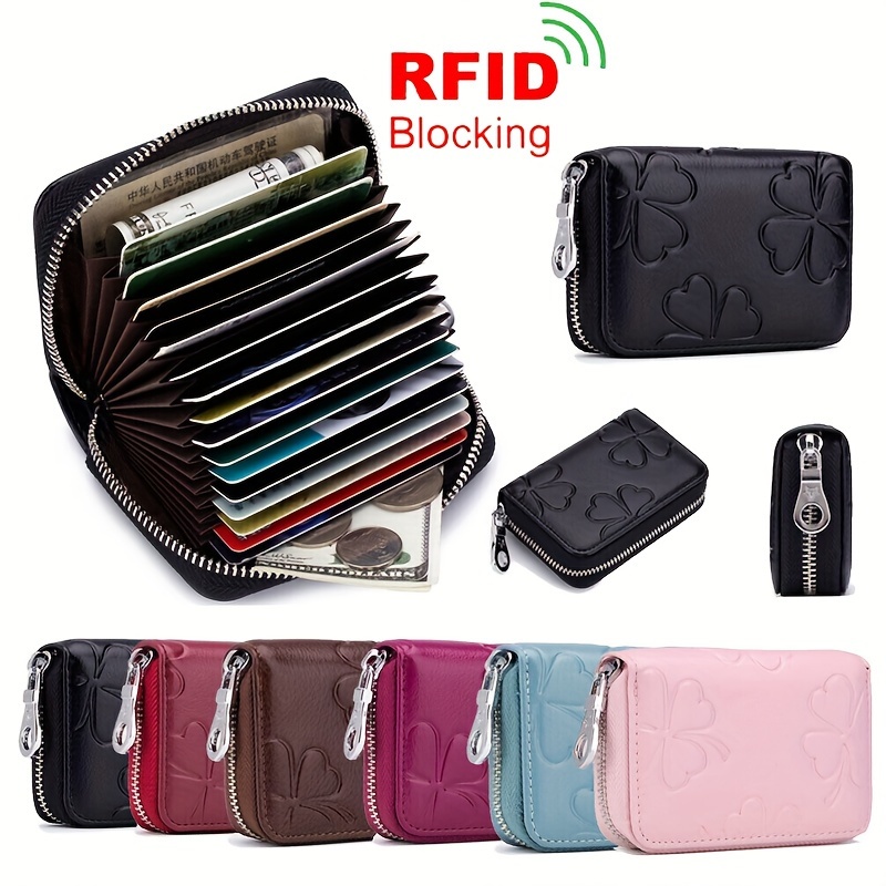 

Mini Rfid Blocking Women's Wallet, Zipper 16 Credit Card Holder, Pu Leather Embossing Design Small Card Case Coin Purse