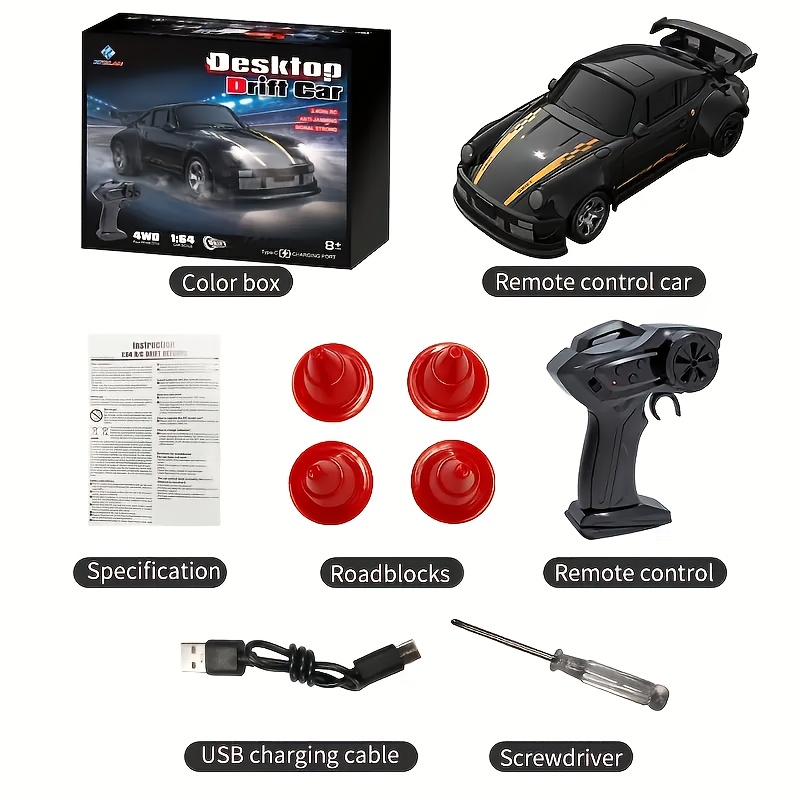 RC Drift Car, 1:64 Scale 4WD, with USB Rechargeable Battery, 2.4GHz Radio Control, Durable Plastic Body & Sleek Design for Indoor/ Outdoor Drifting Fun, Perfect Gift for Boys, Girls
