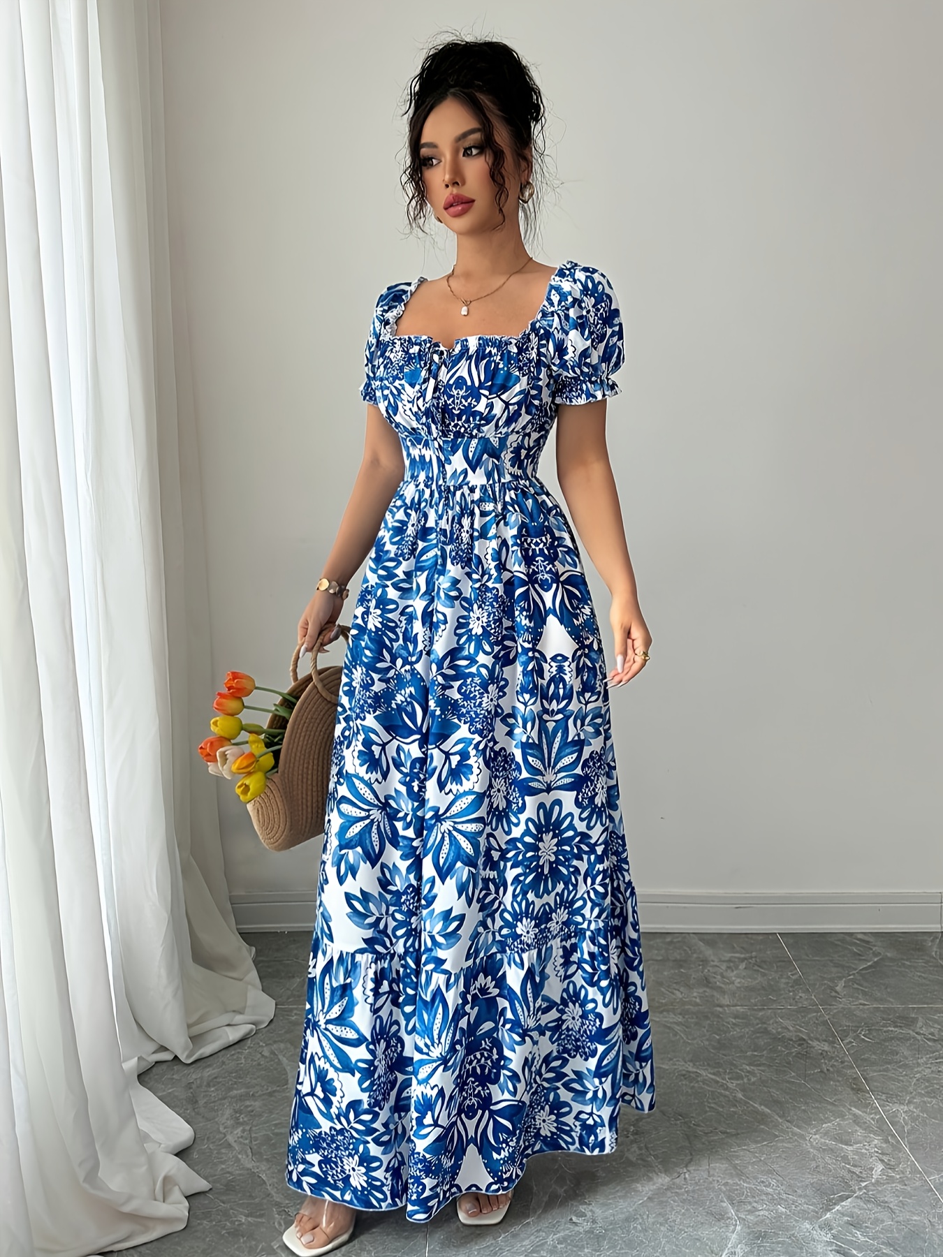 * Printed Puff Sleeve Front Tie Waist Back Hollow Out Long Elegant Dress  Vacation Dating Wear * Elegant