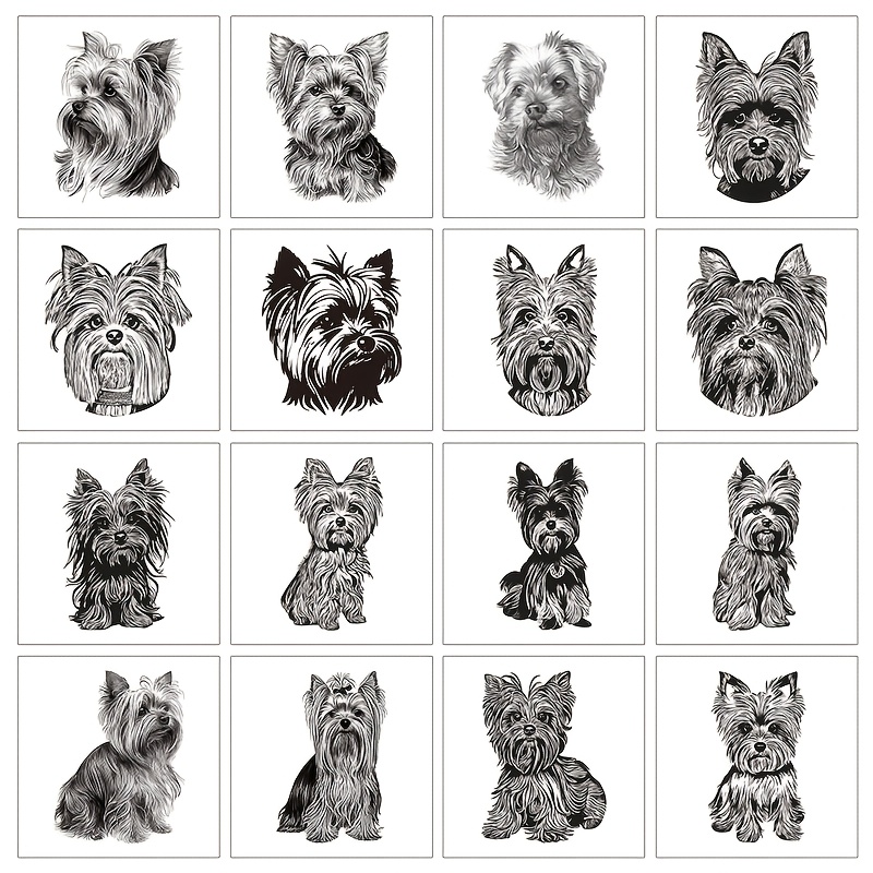 16 Sheets Black Yorkshire Terrier Temporary Tattoos, Dog Animal Party Decoration Supplies, Waterproof Long-lasting Fake Tattoo Stickers, Body Art, Size: 6x6cm