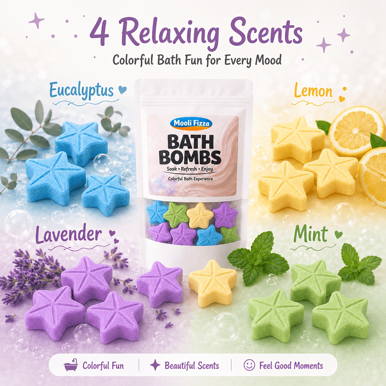 14pcs Star Bath Bombs, Eucalyptus Lemon Lavender Mint Scents