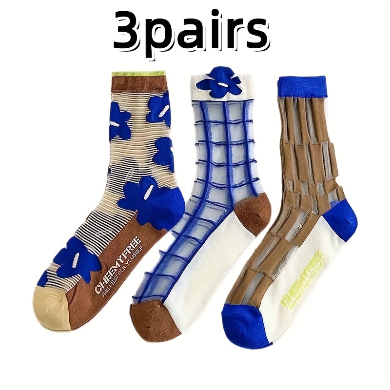 3 Pairs Women's Checkered Socks - Summer Lightweight Contrast Color Crew Socks
