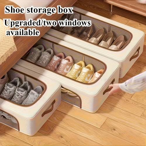 item picture a set of two stackable shoe boxes made from durable fabric designed to in closets under beds or in dorm rooms in beige and brown sturdy boxes are easy to transport and help keep your closet organized