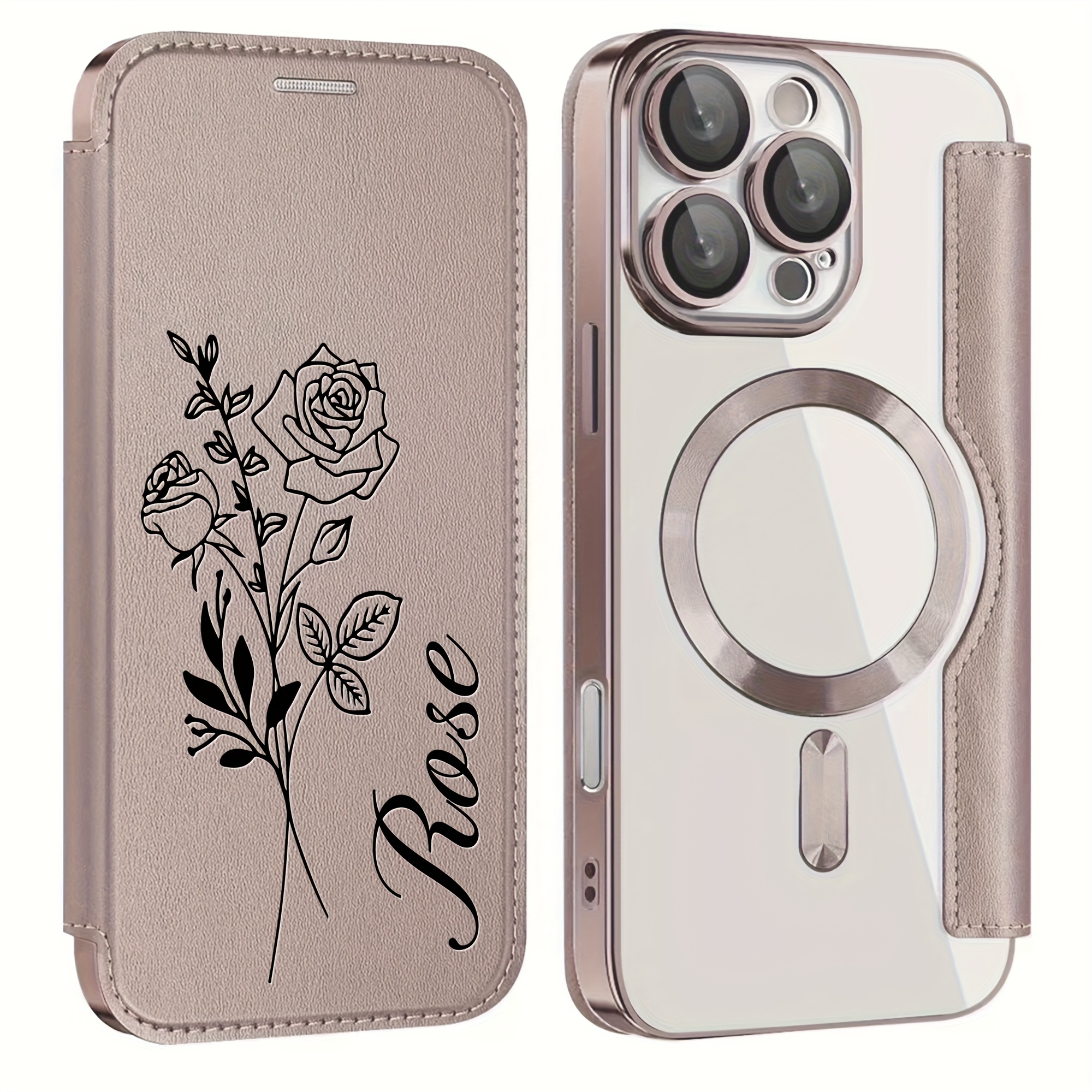 TEMU Phone Case: Custom Month Name Birthday Flower Pattern Faux Leather Golden Shield Transparent Flip Cover Phone Case Compatible With Iphone 17 16