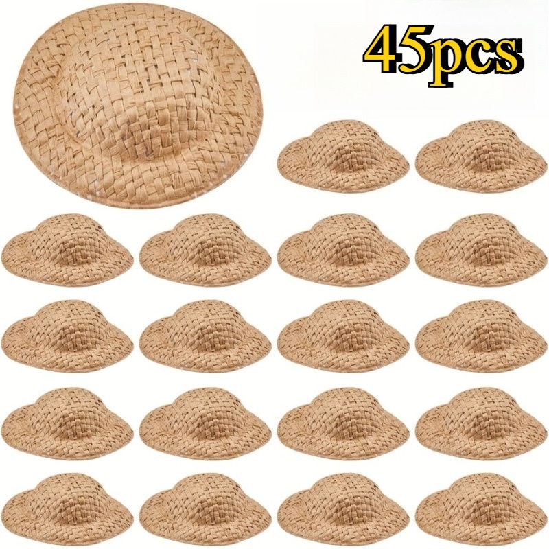 TEMU Lot de 45 mini chapeaux de paille à larges bords - Jaune doré foncé, bandeaux plumes/non jetables, convient pour le bricolage, les fêtes