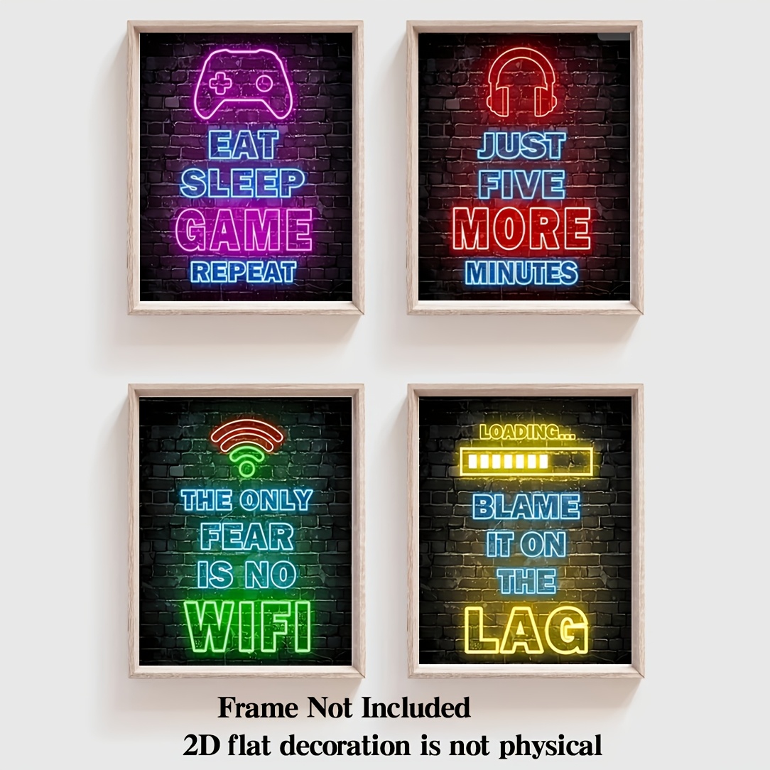 2d Flat, 2d Flat, 2d Flat Wall Decoration Poster No Frame 4pcs Printed Neon Gaming Posters, Boys Room Decorations For Bedroom, Gamer Wall Art, Gamer, Teen Boy Bedroom, Game Room, (8"x 10") No Frames