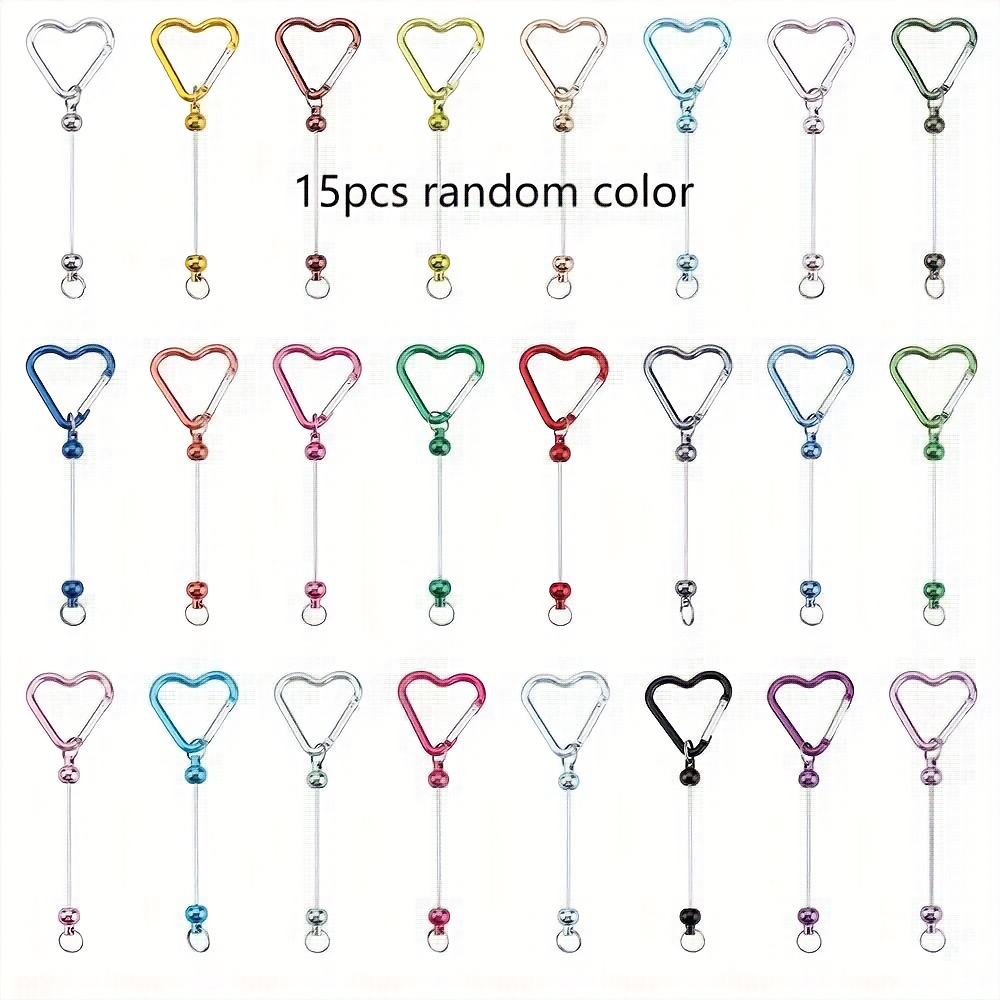 15pcs Random Color Sdiy Heart-shaped Bead Key Ring, Hook Key , Suitable For Backpack Buttons, Multifunctional Diy Bead Decoration