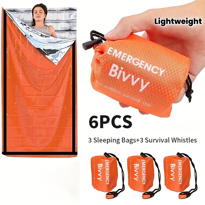 TEMU 6pcs Emergency Survival Kit: Includes 3 Sleeping Bags + 3 Survival Whistles, Survival , Mylar Foil Insulated Emergency Blanket, Lightweight And
