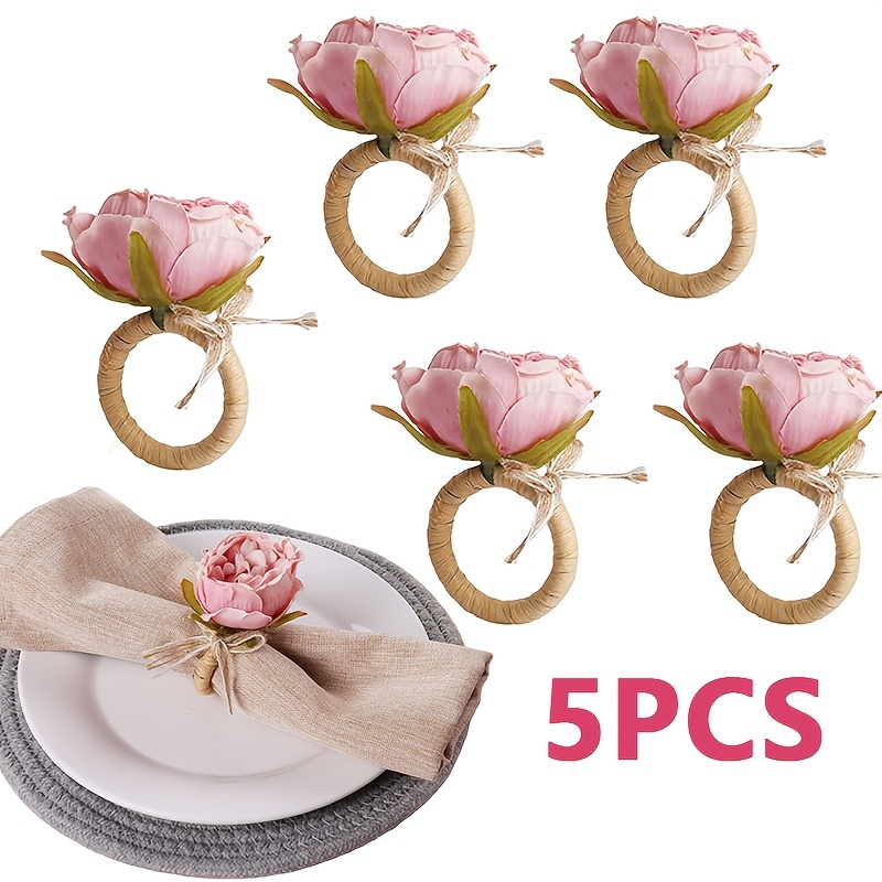 E-shop Set mit 5 handgefertigten Blumen-Serviettenringen, rosa Pfingstrosen-Serviettenhalter für Tischdekoration, geeignet für Sommer, Hochzeiten,