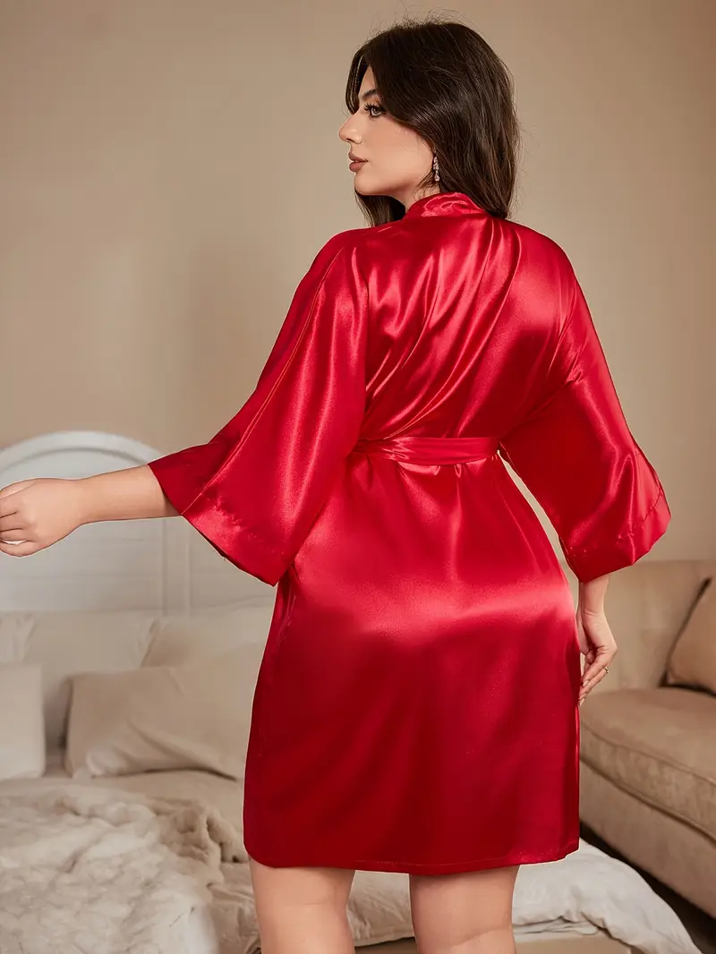 polyester dressing gown Women Satin Kimono Bridal Dressing Gown Polyester 3/4 Sleeves V Neck