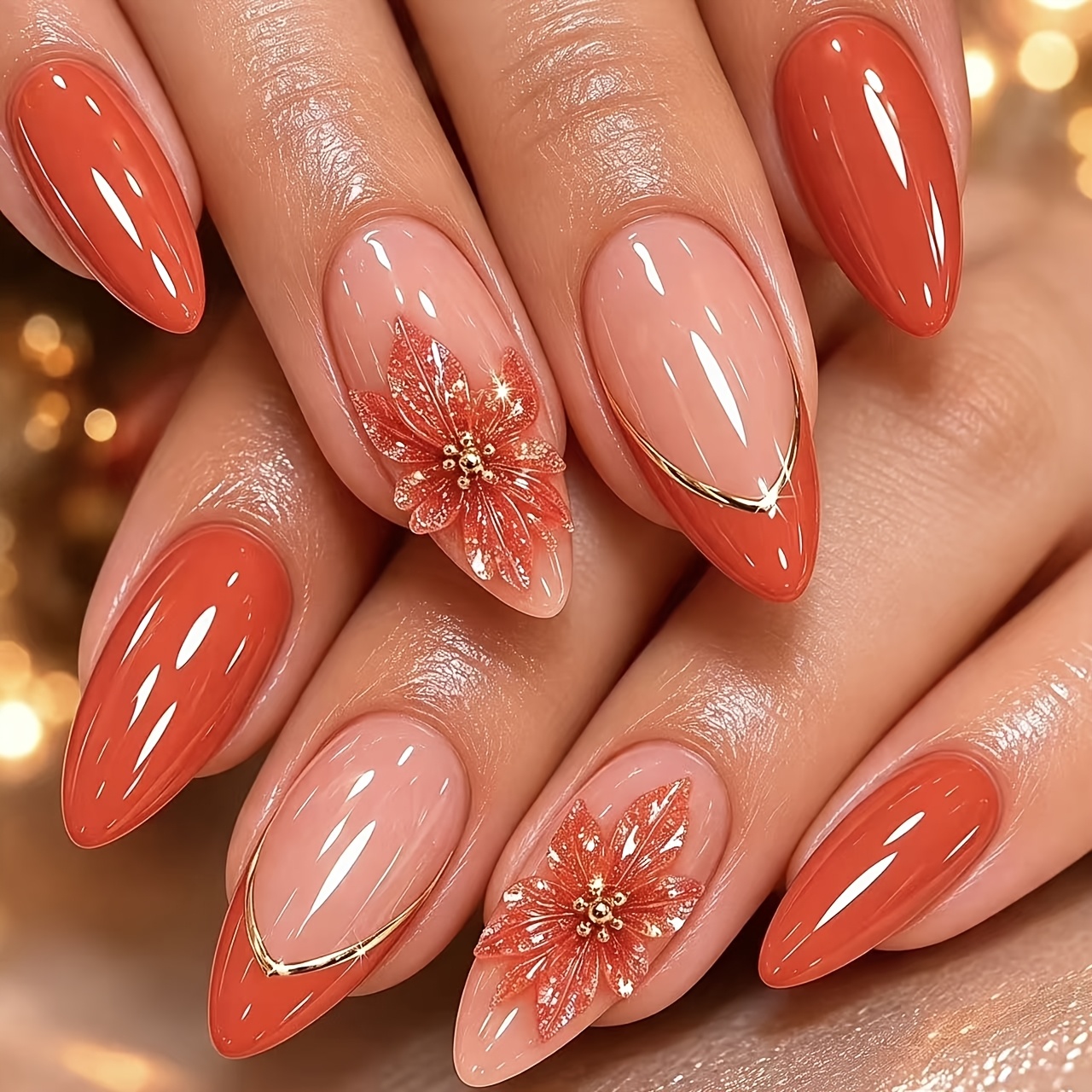 TEMU 24pcs Almond Shaped Press-on Nails Suitable For - & Nude Pink Base With 3d Floral Rhinestone, Medium Length Gel Extensions, Detachable For