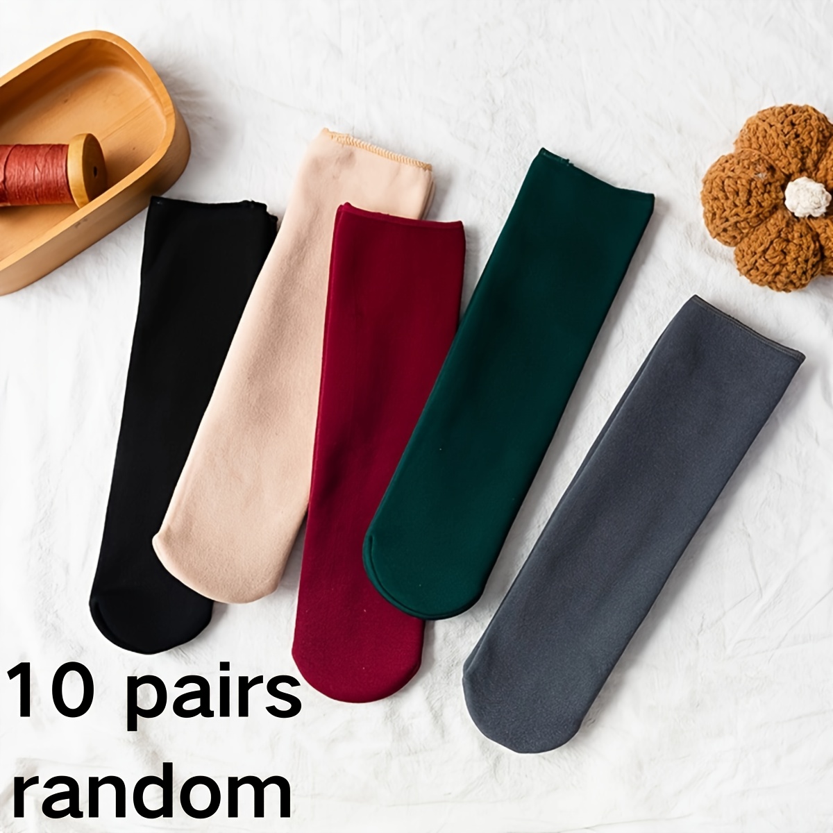 

10 Pairs Unisex Winter Warm Crew Socks, Soft Comfortable Thermal, Polyester 95%, Elastane 5%, Machine Washable, Solid Color Knit Fabric